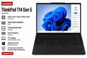 Lenovo ThinkPad T14 Gen 5 14" WUXGA Laptop / Intel Core Ultra 5 135U vPro / 16GB DDR5 / 512GB SSD / Windows 11 Pro / 2-Year Lenovo Onsite Premier Support Lenovo ThinkPad T14 Gen 5 14" WUXGA Laptop / Intel Core Ultra 5 135U vPro / 16GB DDR5 / 512GB SSD / Windows 11 Pro / 2-Year Lenovo Onsite Premier Support