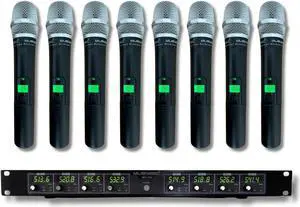 MUSYSIC 8-Channel Professional Wireless UHF Microphone System, 300ft Range Fixed Frequency Dynamic Handheld Microphones for Singing, Karaoke, Church, DJ (Frequency Set 2)