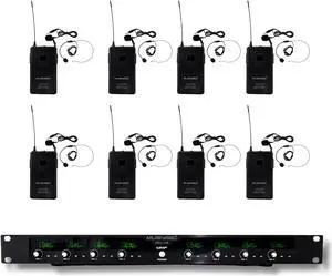 MUSYSIC 8-Channel Professional Wireless UHF Microphone System, 300ft Range Fixed Frequency Bodypack Headset/Lapel Microphones for Singing, Karaoke, Church, DJ (Frequency Set 1)