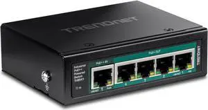 TRENDnet TI-B541, 5-Port Industrial Gigabit PoE++ Powered DIN-Rail Switch with PoE Pass-Through, Lifetime Protection, Black