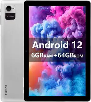 ATMPC 10 inch Tablet, Android 12 Tablet, 6GB (2+4 Expand) RAM 64GB ROM, Quad-Core Processor, 1280x800 IPS HD Touch Screen Tablets, WiFi 6, Dual Camera, Bluetooth 5.2, 6000mAh Battery (Sliver)