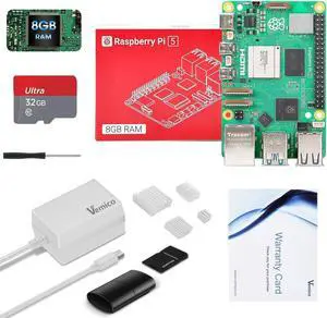 Vemico Raspberry Pi 5 Kit 8GB RAM with 32GB Card Readers Kit, 27W 5.1V5A PD Power Supply for Raspberry Pi 5, Aluminum Heatsinks 4pcs and Pi 5 8GB Board