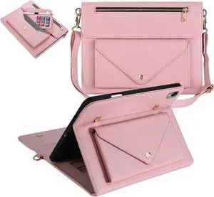 Dteck for iPad Air 3rd Generation/iPad Pro 10.5" Folio Case 2019/2017 with Shoulder Strap, Built-in Pencil Holder/Pockets/Card Cash Slots, Button Closure, PU Leather Shell Fold Stand Cover, 04 Pink