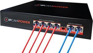 IPCamPower 6 Port Unmanaged Gigabit POE Switch, 4 Port POE+ & 2 Ethernet Uplink, 802.3at 30 Watts Per Port, 60 Watt Total Budget, Extend Mode up to 820', Fanless, Metal