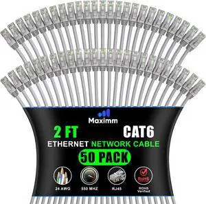 Maximm Cat 6 Ethernet Cable 2 Ft, (50-Pack) Cat6 Cable, LAN Internet and Network - UTP (Gray) 2 Feet