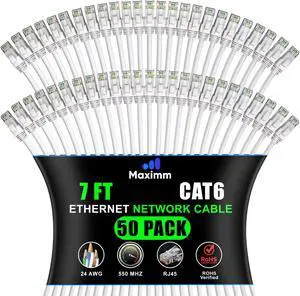 Maximm Cat 6 Ethernet Cable 7 Ft, (50-Pack) Cat6 Cable, LAN Cable, Internet Cable, Patch Cable and Network Cable - UTP (White) 7 Feet ethernet Cord