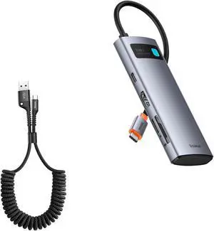Baseus 7 in 1 Laptop Docking Station and Baseus USB Type C Cable for Car, Retractable Cable(3FT) Curly USB A to USB-C Fast Charger Cord