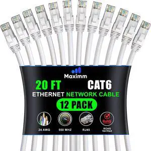 Maximm Cat 6 Ethernet Cable 20 Ft, (12-Pack) Cat6 Cable, LAN Cable, Internet Cable, Patch Cable and Network Cable - UTP (White) 20 Feet ethernet Cord