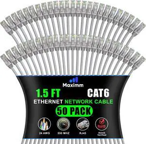 Maximm Cat 6 Ethernet Cable 1.5 ft (50-Pack) - High-Speed LAN Cable, Internet Cable, Patch Cable, and Network Cable - UTP, 10Gbps, 550MHz Ethernet Cord - Gray