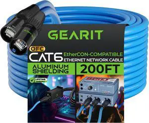 GearIT CAT6 Shielded EtherCON-Compatible Cable, (200 Feet) RJ45 Connectors for Pro Audio, Aluminum Shielded, Oxygen Free Copper - 200 ft. - Blue