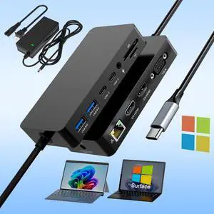12 in 1 Microsoft Surface Dock USB C with 100W Power Supply - 2 Year Warranty - Microsoft Surface Pro Docking Station with Dual 4K HDMI+VGA for Surface Pro 11/10/9/8/X/7+/7,Surface Laptop, Surface Go