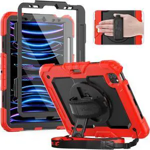 Timecity Heavy Duty Protective Case for iPad Pro 11 Inch, Screen Protector, Swivel Stand, Hand/Shoulder Strap, Pencil Holder - Red