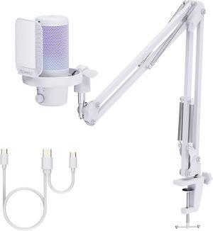 FEELWORLD VM1 White Gaming PC USB Microphone Condenser Mic with Noise Cancellation Mute RGB Light, Computer Accessories for Gamer YouTube Twitch Podcast Streaming Recording Online Chat PS4 PS5