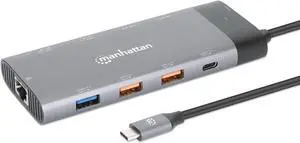 Manhattan USB C 10-in-1 Multiport Adapter Docking Station Hub with 100W Power Delivery - 1x8K & 1x4K HDMI, 1x10Gbps USB-C, 2x10Gbps USB-A, 3x5Gbps USB-A, Ethernet Port, 2ft Cable, Aluminum - 130714