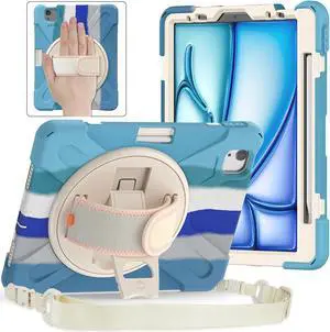 Batianda Case for iPad Air 13 inch 2025 2024 M3/M2 Chip Heavy Duty Rugged Durability Silicone Tablet Cover with 360deg Rotating Hand Strap Foldable Hidden Stand & Shoulder Strap, Colorful Blue