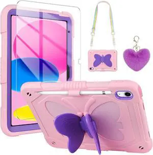 WESADN for iPad 10th Generation Case 2022 with Screen Protector/Butterfly Kickstand/Lanyard/Keychain Rugged Case with Pencil Holder for Girls Kids Cover for iPad 10th Gen 10.9'' Pink Purple