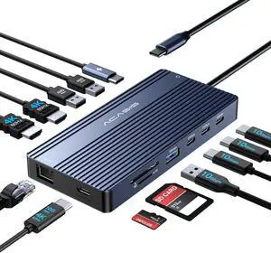 USB C Hub Docking Station Dual Monitor 2 HDMI 4K@60HZ,14 in 1 Laptop Docking Station 3 Monitor with 10Gbps(USB-c Video+Data,3*USB C,USB A) Ethernet,PD 100W,SD/TF,3.5mm Audio for Dell/HP/Lenovo