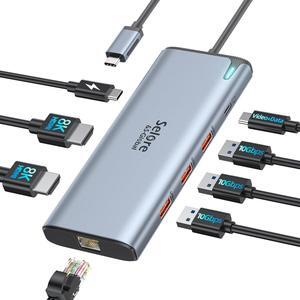 Docking Station USB C Video,8K Laptop Docking Station Dual Monitor 8K@60Hz 2*HDMI,USB-C Hub with USBC Video Output,4 * 10Gbps USB Port,Ethernet,100W PD for Portable Monitor,MacBook Pro/Air,Dell,HP