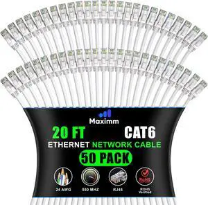 Maximm Cat 6 Ethernet Cable 20 ft (50-Pack) - High-Speed LAN Cable, Internet Cable, Patch Cable, and Network Cable - UTP, 10Gbps, 550MHz Ethernet Cord - White