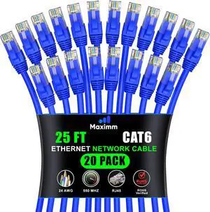 Maximm Cat 6 Ethernet Cable 25 ft (20-Pack) - High-Speed LAN Cable, Internet Cable, Patch Cable, and Network Cable - UTP, 10Gbps, 550MHz Ethernet Cord - Blue