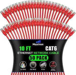 Maximm Cat 6 Ethernet Cable - 10 ft (50-Pack) - High-Speed LAN, Internet, Patch, Network Cable - UTP, 10Gbps, 550MHz Ethernet Cord - Red