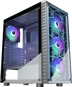 MOROVOL ATX PC Case 4 RGB Fans(Fix Color) Pre-Installed, USB 3.0 ATX Gaming PC Case, Tempered Glass Mid Tower Computer Case, Black,R7