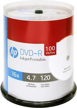 HP DVD-R 4.7GB 16X White Inkjet Printable 100 Pack in Spindle