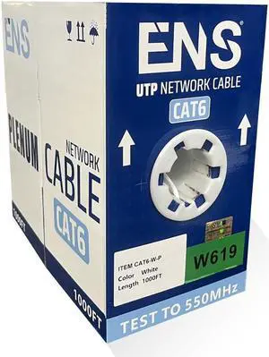 ENS Cat6 Plenum (CMP) Ethernet Cable, 1000ft, White, Solid Bare Copper, UTP, 23AWG, 550MHz, Bulk Cable Pull Box UL Certified & ETL Verified, Perfect for CCTV Security Surveillance System, White