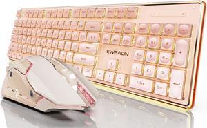 SEUNKWANG EWEADN V3 Wireless Keyboard and Mouse with Single Backlit, Metal Panel, Bluetooth/2.4G Rechargeable Computer Keyboard and Mouse Combo Silent Lighted Full Size Cute Keyboard-Rose Pink