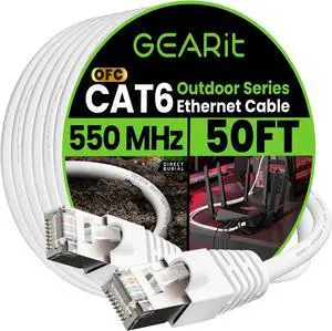 GearIT Cat6 Outdoor Ethernet Cable (50ft) 23AWG Pure Copper, FTP, LLDPE, Waterproof, Direct Burial, In-Ground, UV Resistant, POE, Network, LAN, Internet, Cat 6, Cat6 Cable - 50 Feet