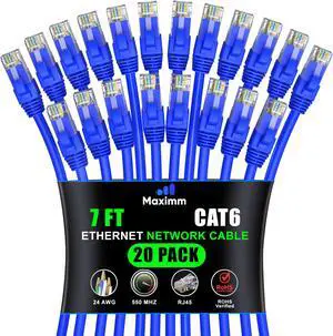 Maximm Cat 6 Ethernet Cable 7 ft (20-Pack) - High-Speed LAN Cable, Internet Cable, Patch Cable, and Network Cable - UTP, 10Gbps, 550MHz Ethernet Cord - Blue