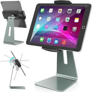 AboveTEK Elegant Tablet Stand, Aluminum Stand Holder for 7-13 inch Tablets, Desktop Kiosk POS Stand Compatible w/iPad Pro Air Mini, Galaxy Tab, Tablet Mount for Store Office Reception Kitchen (Gray)