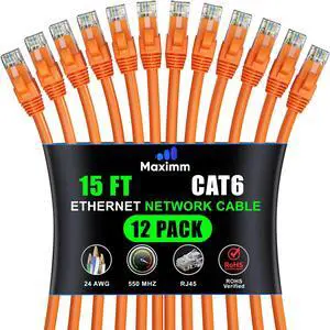 Maximm Cat 6 Ethernet Cable - 15 ft (12-Pack) - High-Speed LAN, Internet, Patch, and Network Cable - UTP, 10Gbps, 550MHz Ethernet Cord - Orange