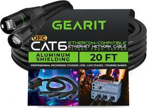 GearIT CAT6 Shielded EtherCON-Compatible Cable, (20 Feet) RJ45 Connectors for Pro Audio, Aluminum Shielded, Oxygen Free Copper - 20 ft. - Black