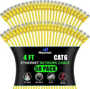 Maximm Cat 6 Ethernet Cable 4 ft (50-Pack) - High-Speed LAN Cable, Internet Cable, Patch Cable, and Network Cable - UTP, 10Gbps, 550MHz Ethernet Cord - Yellow