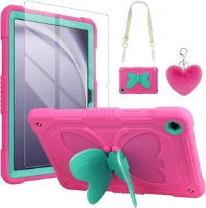 WESADN for Samsung Galaxy Tab A9 Plus Case for Kids 11 Inch 2023 with Screen Protector/Butterfly Kickstand/Lanyard/Keychain Shockproof Rugged Protective Cover for Samsung Galaxy Tab A9+ 11" Rose Red
