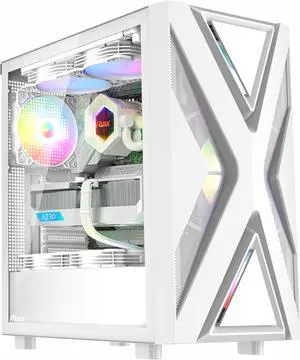 RUIX CV203 ATX Mid-Tower PC Case, Pre-Installed 4 x 120mm RGB Fans, RGB Color Lighting, Tempered Glass, USB 3.0, Multi-Purpose, High-Airflow - White