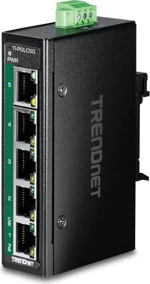 TRENDnet 5-Port Industrial Gigabit PoE+ DIN-Rail Mini Switch, TI-PGLC50, 4 x Gigabit PoE+ Ports, 1 x Gigabit Port, 90W PoE+ Power Budget, 10Gbps Switching Capacity, NDAA & TAA Compliant