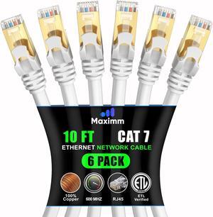 Cat 7 Ethernet Cable 10 ft - (6 Pack) High-Speed Cat7 Internet & Network LAN Patch Cables, RJ45 Connectors - Perfect for Gaming, Streaming, and More (White)