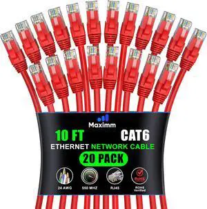Maximm Cat 6 Ethernet Cable 10 ft (20-Pack) - High-Speed LAN Cable, Internet Cable, Patch Cable, and Network Cable - UTP, 10Gbps, 550MHz Ethernet Cord - Red