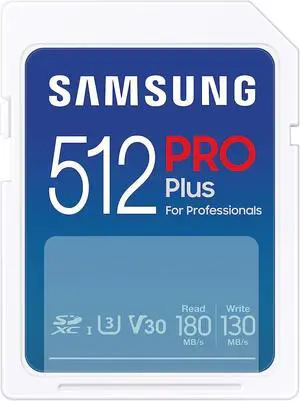 SAMSUNG PRO Plus Full Size 512GB SDXC Memory Card, Up to 180 MB/s Reads/Writes, Full HD & 4K UHD, UHS-I, C10, U3, V30 for DSLR, Mirrorless Cameras, PCs, MB-SD512S/AM, 2023