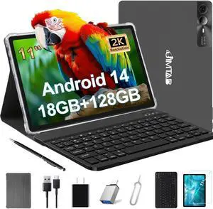 JIMTAB 2K Vivid Tablet, Smooth HD 4K Video 11" Android 14 Tablets, 18GB+128GB Octa Core Gaming Tablet, 3 Camera, Large 9000mAh, Hi-Res Stereo 4 Speakers, Split Screen, Face Recognition (Dark Gray)