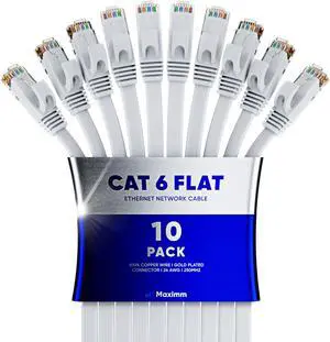 Cat6 Ethernet Cable 12ft, 10-Pack White - Flat High-Speed Network Cables for Gaming, Streaming, Router, Modem, PC, PS5, Xbox - Durable & Space-Saving Design
