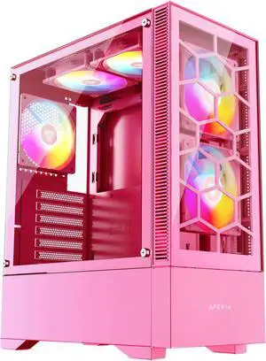 Apevia Eclipse-PK Eclipse Mid Tower Gaming PC Case w/ 5X 120mm ARGB Fans, 366 RGB Light Modes, Minimalistic Honeycomb Design, Tempered Glass Front & Side Panels, 1X USB3.0, 2X USB2.0, Pink