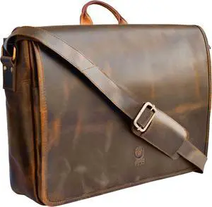Leather Messenger Bag for Men 14" Full Grain Leather Laptop Bag Vintage Crossbody Office Satchel Travel Shoulder Bag, Brown