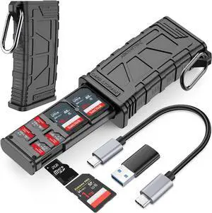 AboveTEK High-Speed SD Card Reader, 2-in-1 SD/Micro SD Card Holder & Reader, USB 3.1 Type-C UHS-II SD Cards Storage Case for Camera Memory Cards, Compatible with iPhone, Drones, Action Cameras, Tablet