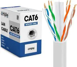 Cmple - Cat6 Cable 1000ft Bulk Lan Ethernet Cat 6 Wire Network UTP 23AWG CMR Riser 10Gbps 550 MHz Pull Box 1000 Feet, White