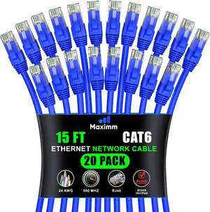 Maximm Cat 6 Ethernet Cable 15 ft (20-Pack) - High-Speed LAN Cable, Internet Cable, Patch Cable, and Network Cable - UTP, 10Gbps, 550MHz Ethernet Cord - Blue