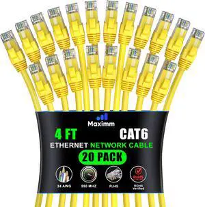 Maximm Cat 6 Ethernet Cable 4 ft (20-Pack) - High-Speed LAN Cable, Internet Cable, Patch Cable, and Network Cable - UTP, 10Gbps, 550MHz Ethernet Cord - Yellow