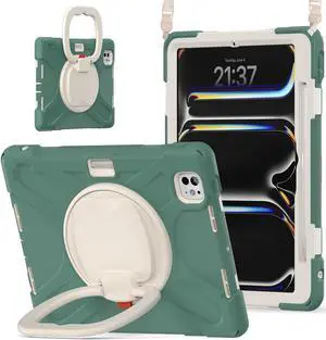 Batianda for iPad Pro 11-inch Case (2024) M4 Chip Model A2836 Heavy Duty Rugged Durability Silicone Tablet Cover with 360deg Rotating Ring Foldable Kickstand & Shoulder Strap, Sea Green